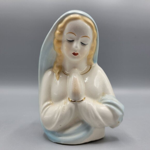 Vintage Ceramic Praying Virgin Mary Figurine Vase Blue White Religious Decor 4.5 - Picture 10 of 15
